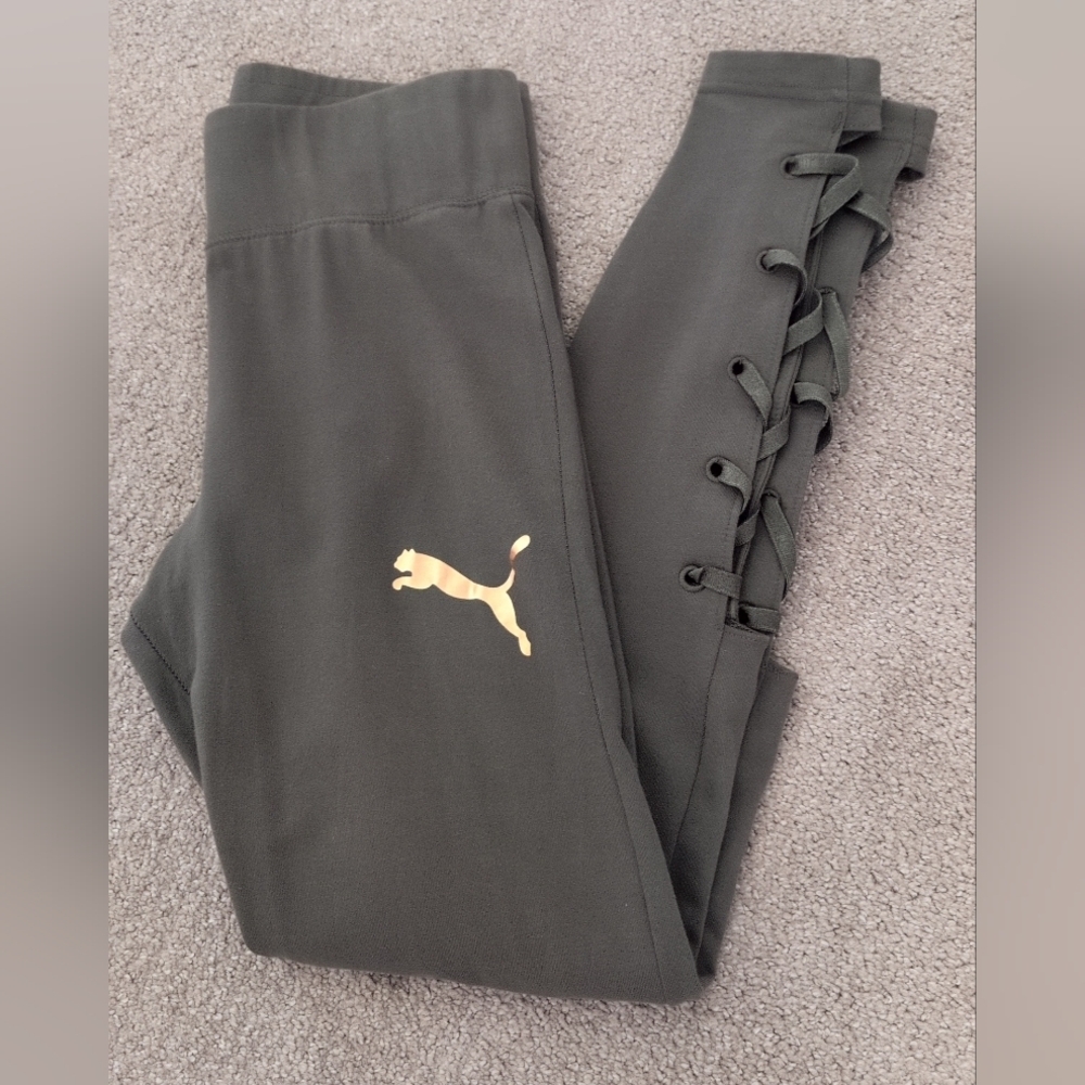 Puma Olive Green Side Cut Out Lace Up Hem Athletic Leggings